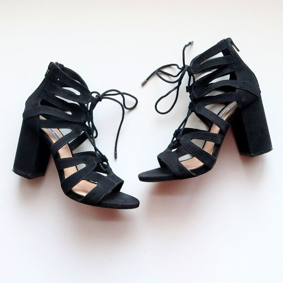 Steve Madden Black Suede Open Toe Lace Up Cut Out Block Heel Bootie Shoes Size 7 - Picture 14 of 14